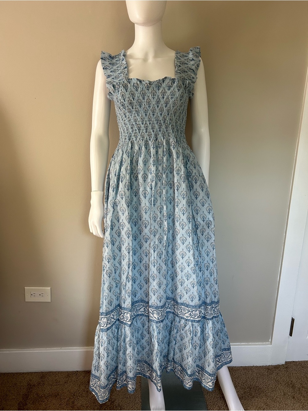 Mint XS Blue Floral Smocked Cotton Midi Dress Ruffle Strap Pockets Boho